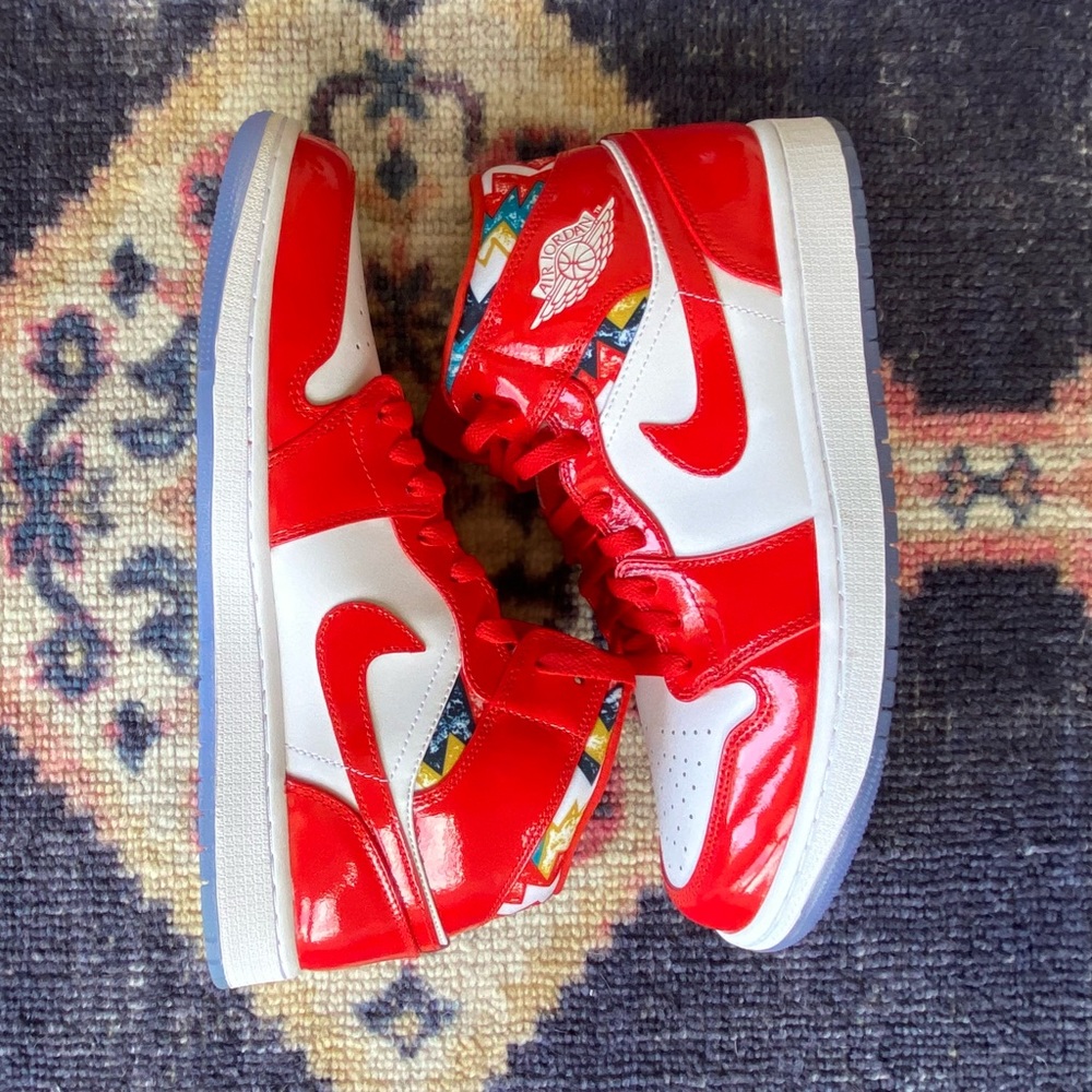 Nike Jordan’s 1 Mid Barcelona Sweater Red Patent 11.5 Never Worn In Box